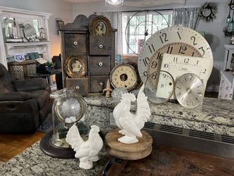 Antique and Vintage Apothecary , clock faces, flower frogs , roosters Decor READ AD FOR PRICING
