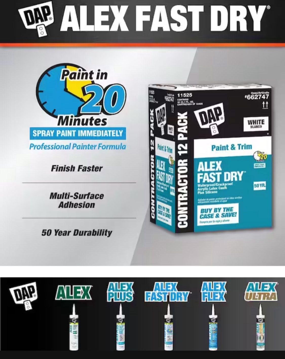 New Alex Fast Dry 10.1 oz. White Acrylic Latex Plus Silicone Caulk (Contractor 12-Pack