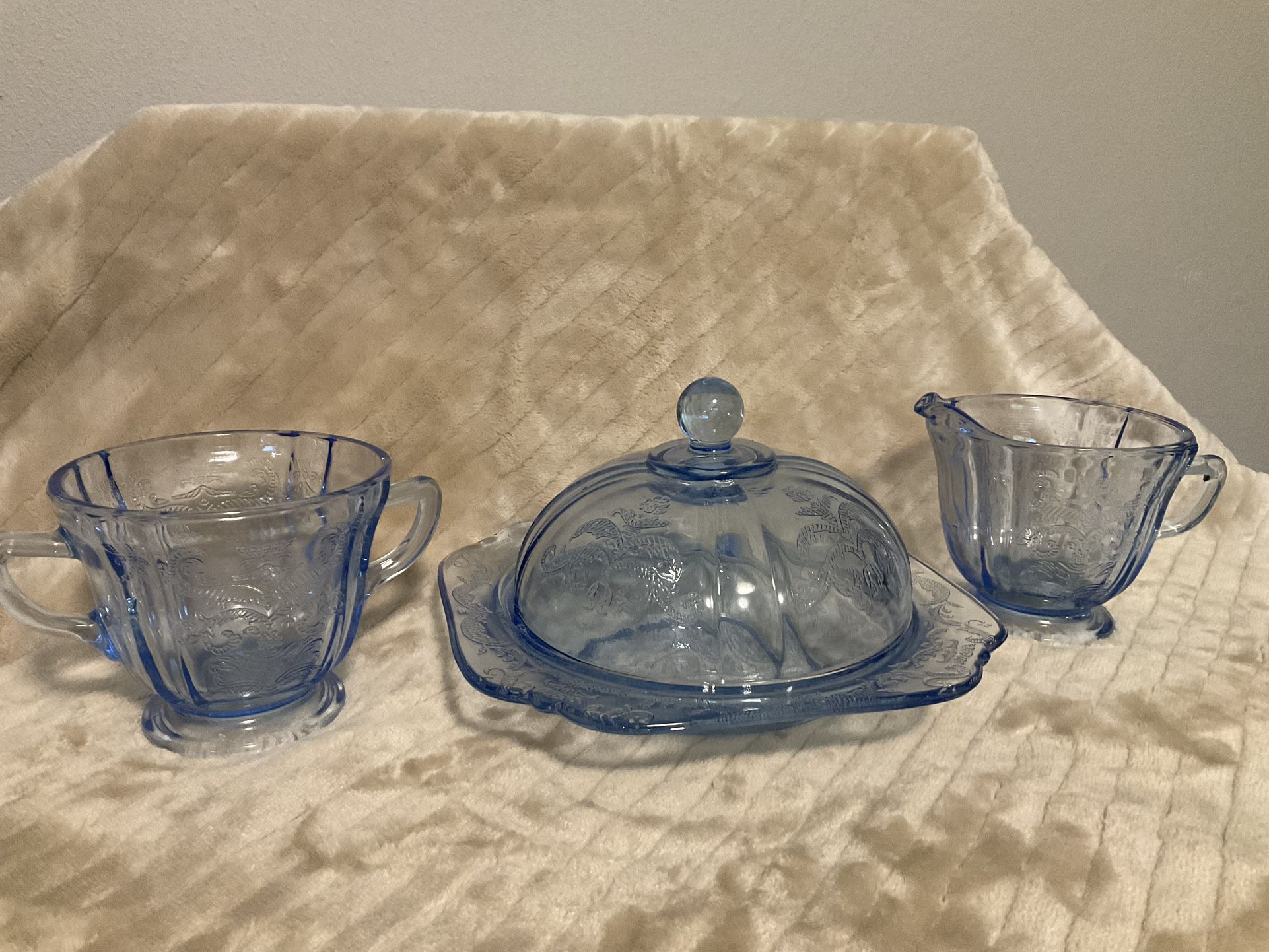 Blue Depression Glass Sugar And Creamer  With Butter/cheese Dish With Lid Madrid Pattern