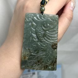 Natural Untreated Carved Jade Pendant Cord Necklace Phoenix 