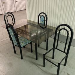 80s Black Tubular Dining Set w/ smoked glass & 6 chairs