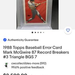 Mark Mcgwire 1988 Topps Record Breaker Error Baseball Card 