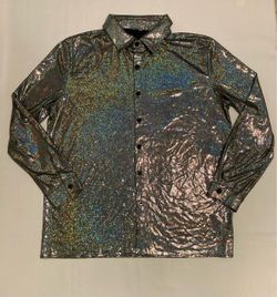 Silver Holographic Metallic Button-Up Shirt Long Sleeve Top Size Medium Disco Party Costume Halloween Retro