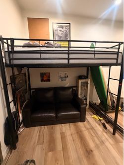 Bed frame and leather sofa