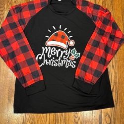 Merry Christmas Buffalo Plaid Red Black Long Sleeve Shirt Women Sizes 2XL