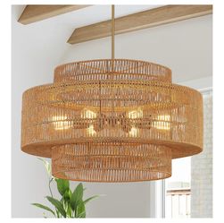 MeiSheDeng 30" Large Boho Rattan Chandelier, 8-Light