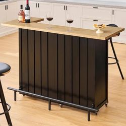 61-Inch Foldable Bar Table, Mobile Party Bar Station on Lockable Wheel, Counter Height Table w/Storage Cabinet, Footrest, Modern U-Shaped Home Coffee 