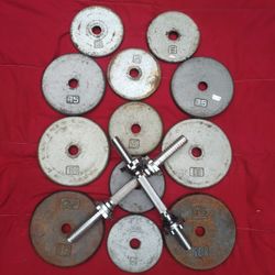 SET OF ADJUSTABLE DUMBBELLS : WITH  2 BARS = 90 LBS.  (FOUR)  10s & (SIX)  5s & (PAIRS OF)  :  7.5s  