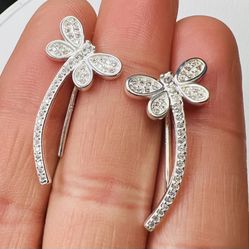 New 925 Sterling Silver Cubic Zirconia Dragon-fly Crawler Earrings Made In Mexico Handmade 