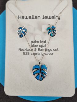 palm leaf blue opal  necklace &earrings set 