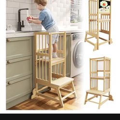 Kids Kitchen Step Stool with Safety Rails, Toddler Standing Tower Adjustable Height, Wooden Kitchen Stool for Kids  Brand New  Unassembled Still In bo