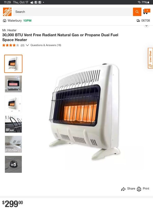 30,000 BTU Vent Free Radiant Natural Gas or Propane Dual Fuel Space Heater