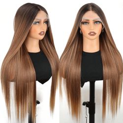 NEW/SEALED Highlight Brown with Blonde Synthetic Lace Front Wigs for Women 30 Inch Long Straight Glueless Wig Ready to Wear Pre Plucked 13x4x1 HD Lace