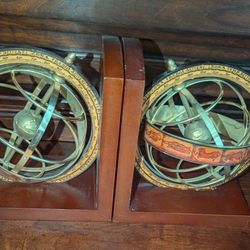 Pair of vintage(1970s) Italian brass and wood armillary sphere and globe bookends
