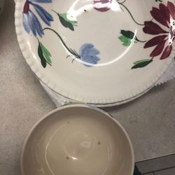 Hand painted dish set comes with 6 Large plates 5 small bowels 6 saucers 4 tea cups,1 creamer cup and 1 sugar cup $25 and pottery art framed $40