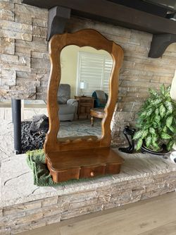  vintage vanity wood-framed mirror with  base drawer