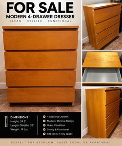 🪵 FOR SALE – 4-Drawer Wooden Dresser