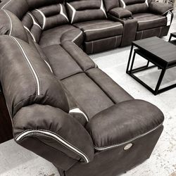 Electric Power Reclining Sectional Couch Home Theater Movie Seating Gray Leather 