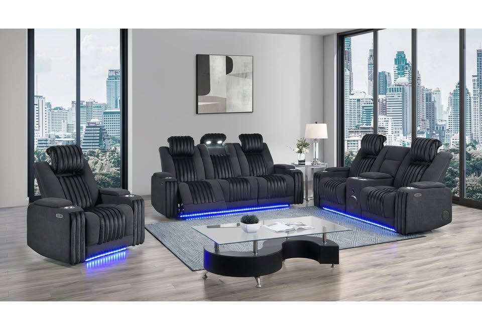 Plush Black corduroy dual power recliner Sofa features theatre experience