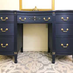 Navy Blue Vanity Desk with Gold Mirror and Chair for Sale in Hamilton, VA
