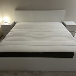 King Size Bed Frame, Mattress, 2 Nightstands and 2 underbed storage – White Set