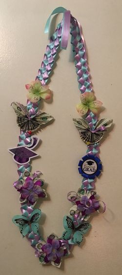 100% Handmade Graduation Ribbon Lei With Money Flowers & Butterflies