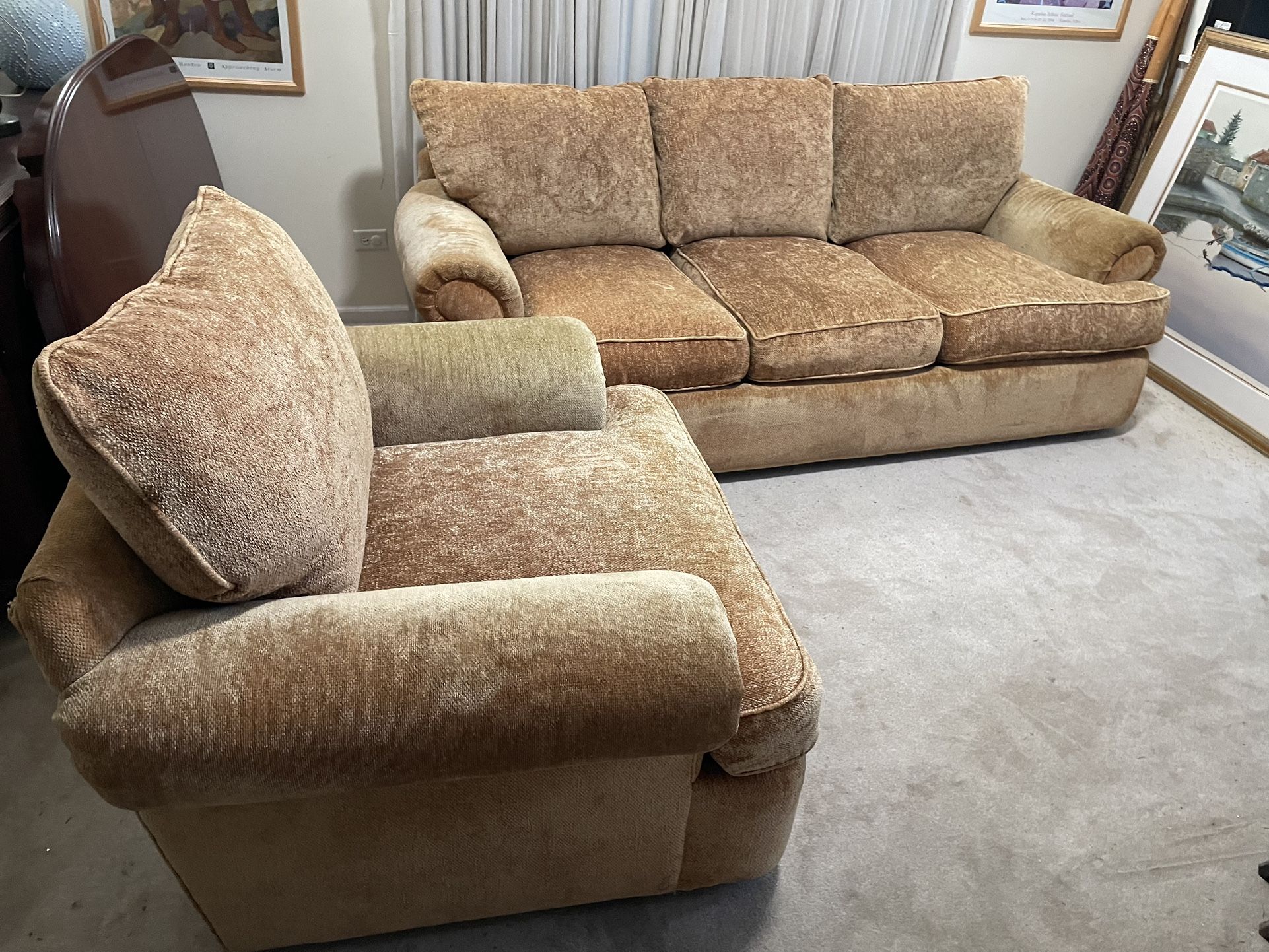 2pc Thomasville Oversized Gold Upholstered Sofa Set
