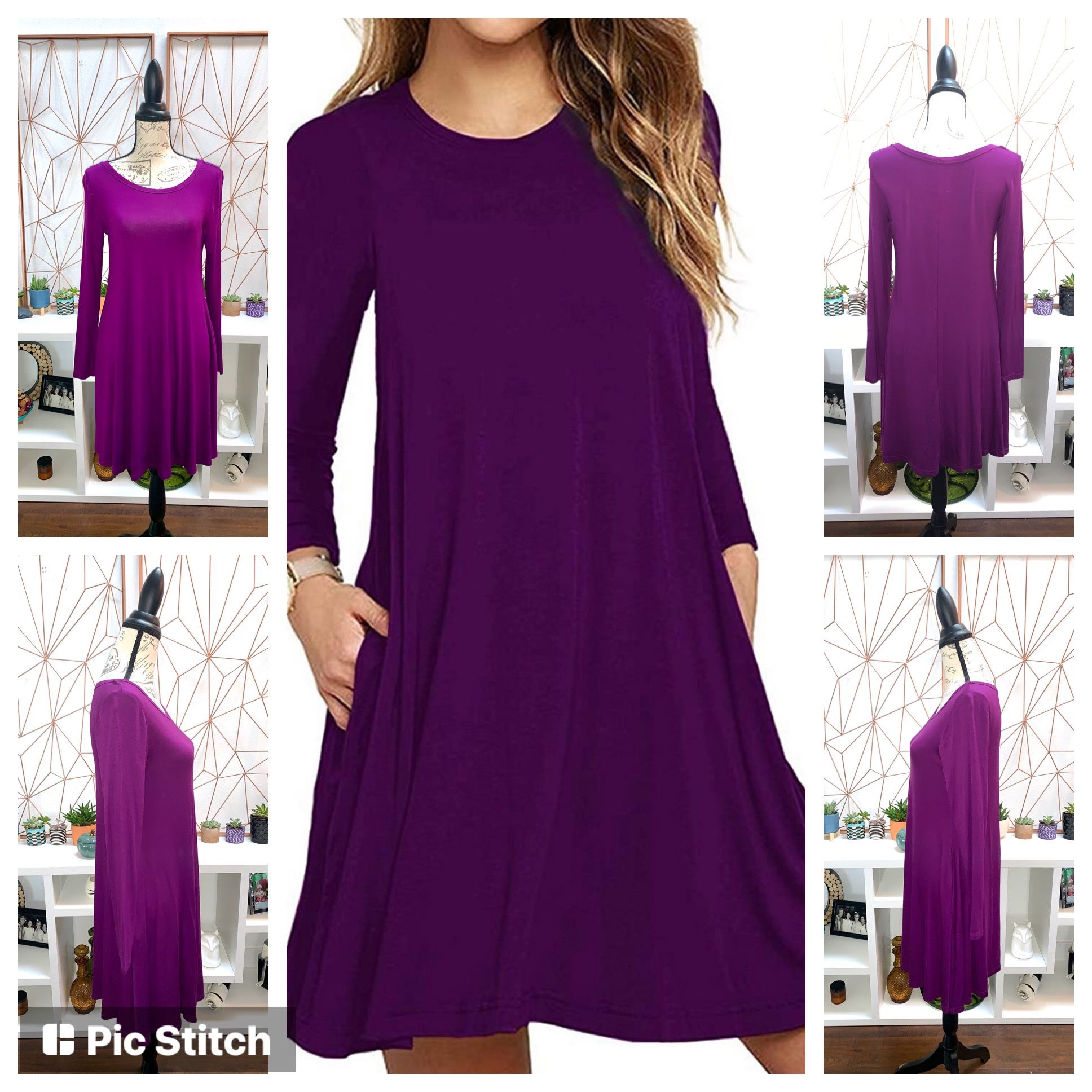 Women's Comfy Casual Loose Swing Tunic Long Sleeve Pocket Solid T-Shirt Dress - Size: Small - Color: Purple