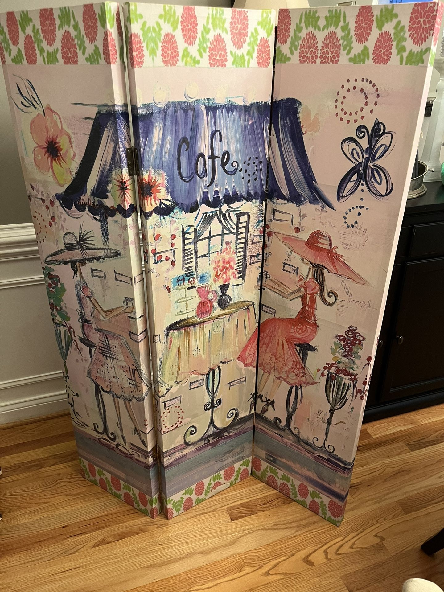 Panel Room Divider Three Panel 60” X 43 With Paris Suitcase