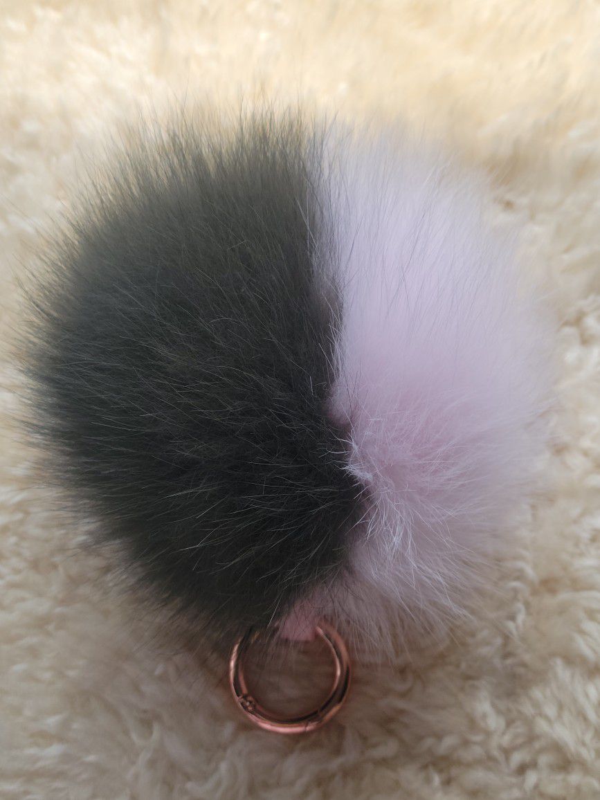 8" Long Hunter Green & Light Pink Fur 6" Pom Pom Keychain + 2 Fur Freebies 