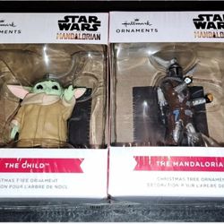 TWIN PACK 2021 HALLMARK ORNAMENTS STAR WARS THE MANDALORIAN ORNAMENT AND THE CHILD GROGU BABY YODA ORNAMENT.

