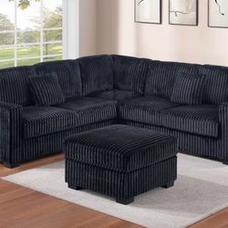 Black Corduroy Sectional Sofa With Ottoman 