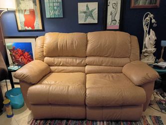 Tan Leather Reclining Loveseat
