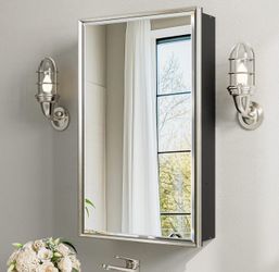 New in box-16x26 Pre-Assembled Bathroom Medicine Cabinet Mirror, Surface or Recessed Brushed Nickel Medicine Cabinet with Mirror & Rustproof Aluminum 