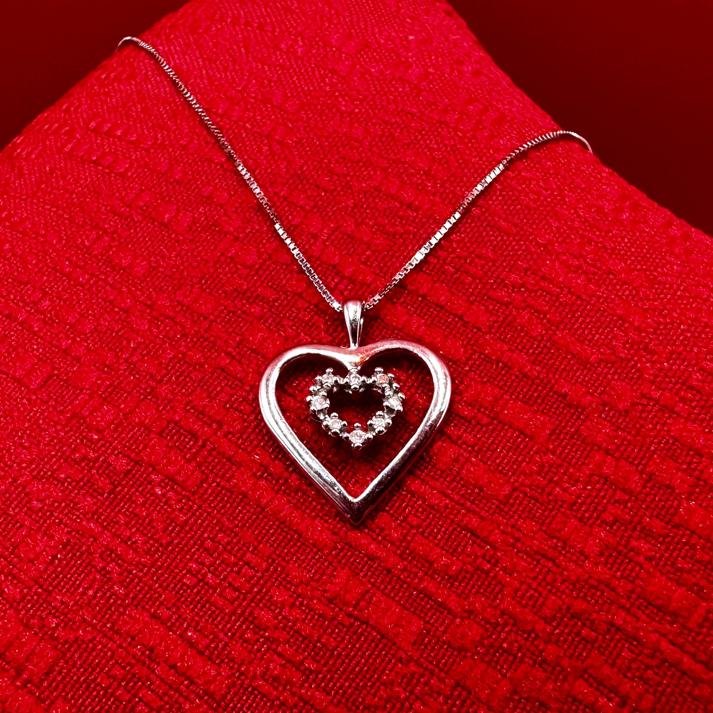 18K Solid White Gold Heart Pendant Necklace with Diamond Accents