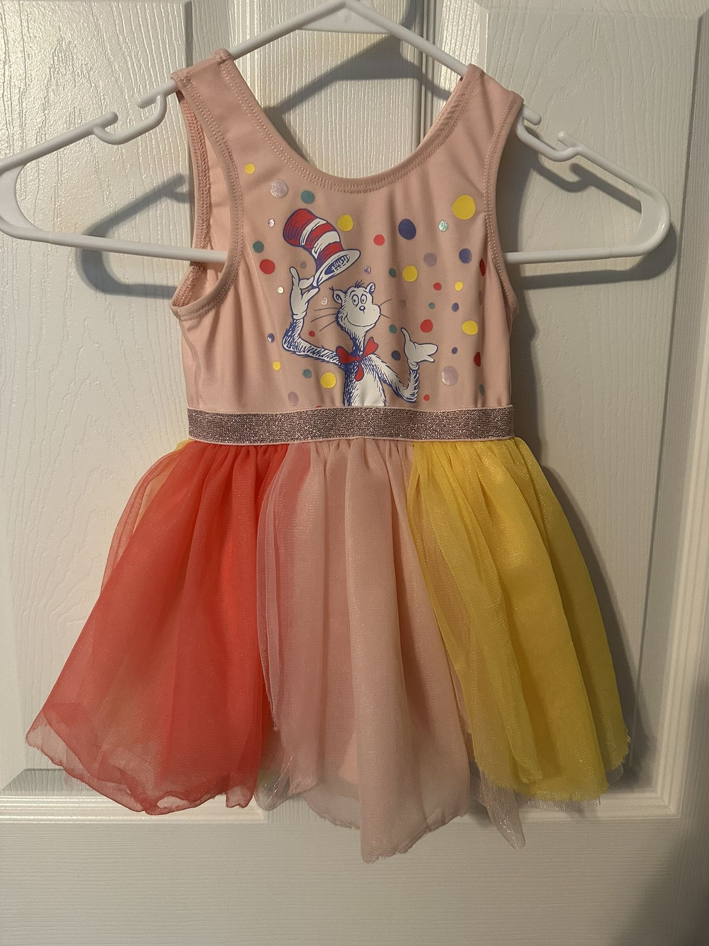 2T Toddler Girl’s Dr. Seuss Cat In Hat Pink Yellow Tulle Tutu Sleeveless Tank Dress With Lining 