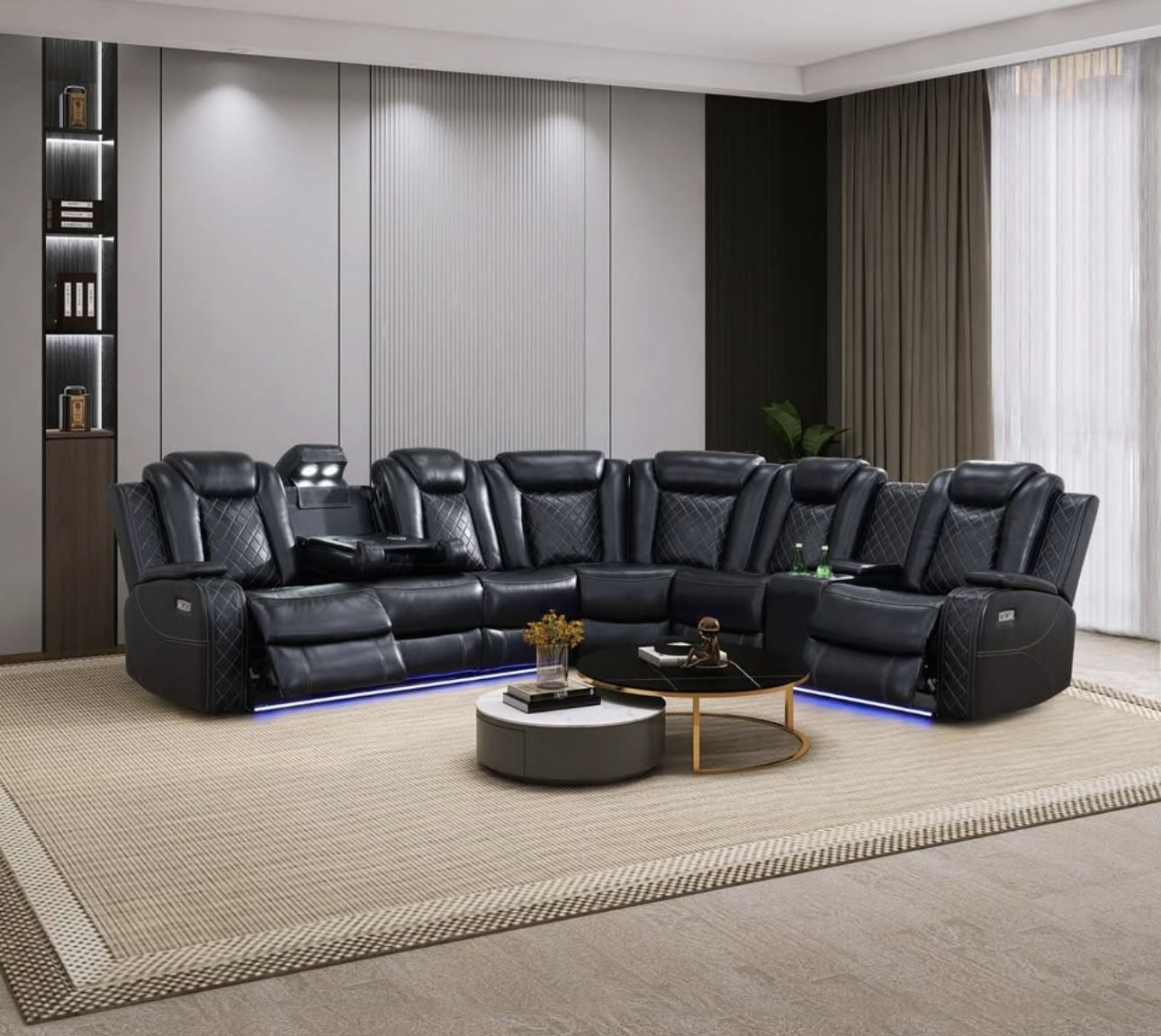 Power Electric Black Leather Fully Reclining Sectional Couch