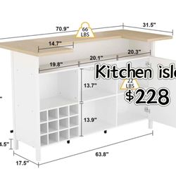 😀 Wood Kitchen Island With Breakfast Bar And Wine Rack, Kitchen Center With Storage Cabinet And Shelves, $228 👀Please check photo 3