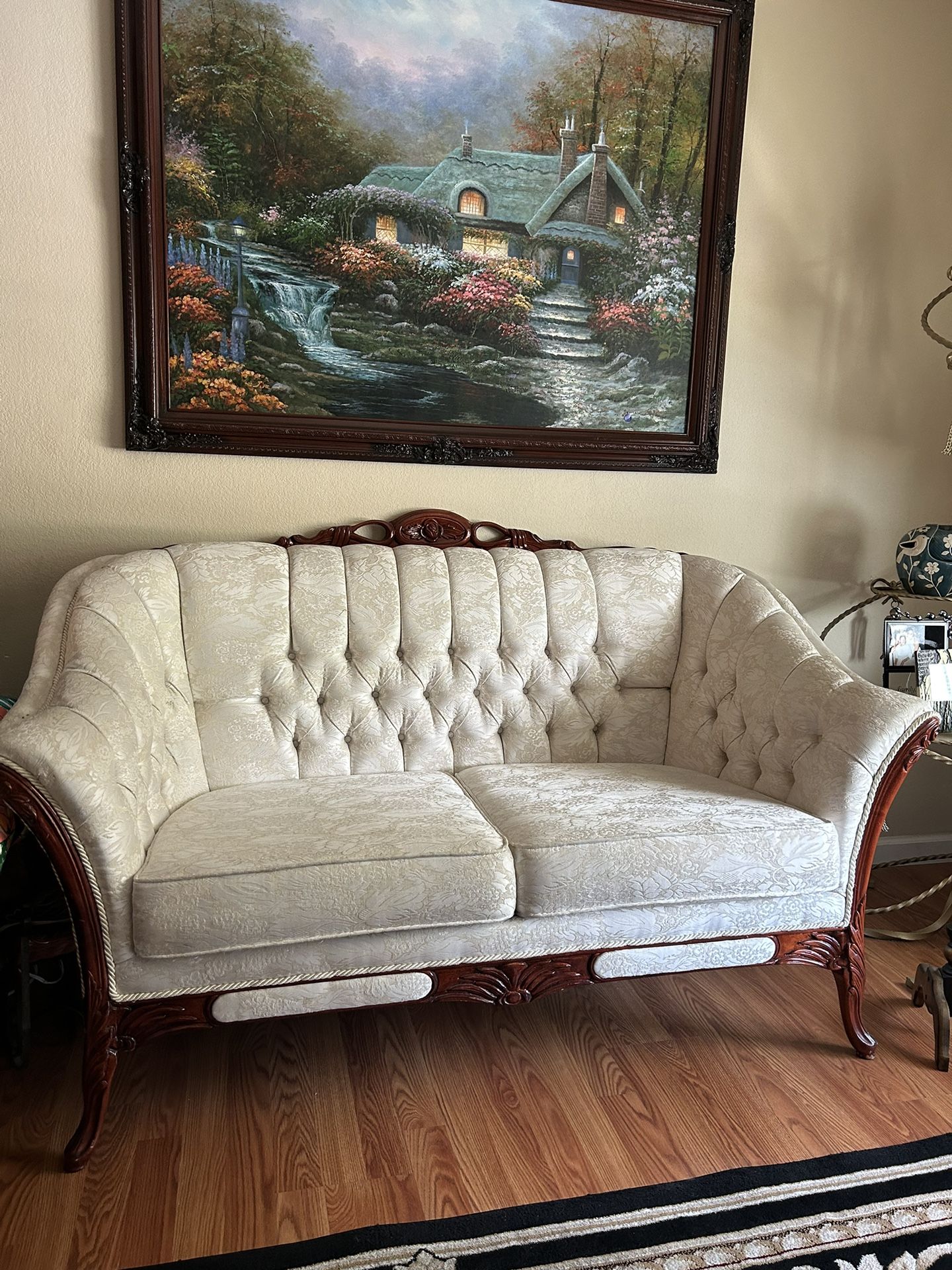French Provential White Brocade Couch, Love Seat and Chair