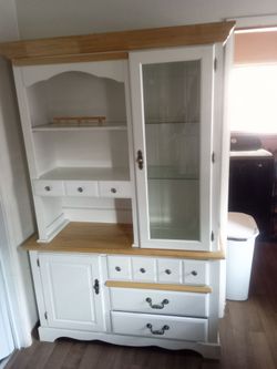 White and Pine Wood China Hutch Cabinet