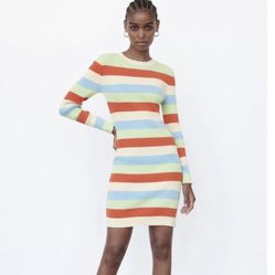 Zara rib knit striped fitted multicolor dress women Size Medium long sleeves