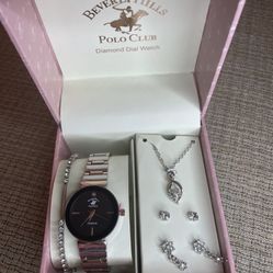 Beverly Hills Polo Club Diamond Dial Watch  Bracelet Necklace & Earring Set
