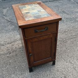 Vintage Oak Side Table With Stonetop Inlay