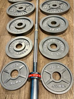 Olympic Set Of Gray CAP Cast Iron Weight Plates  from 5s to 45s  Pounds In NEW Condition, [Total: 240 lbs].  👀 BARBEL NOT INCLUDED 👀