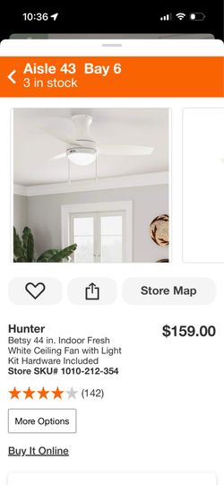 44” HUNTER WHITE  CEILING FAN NEW