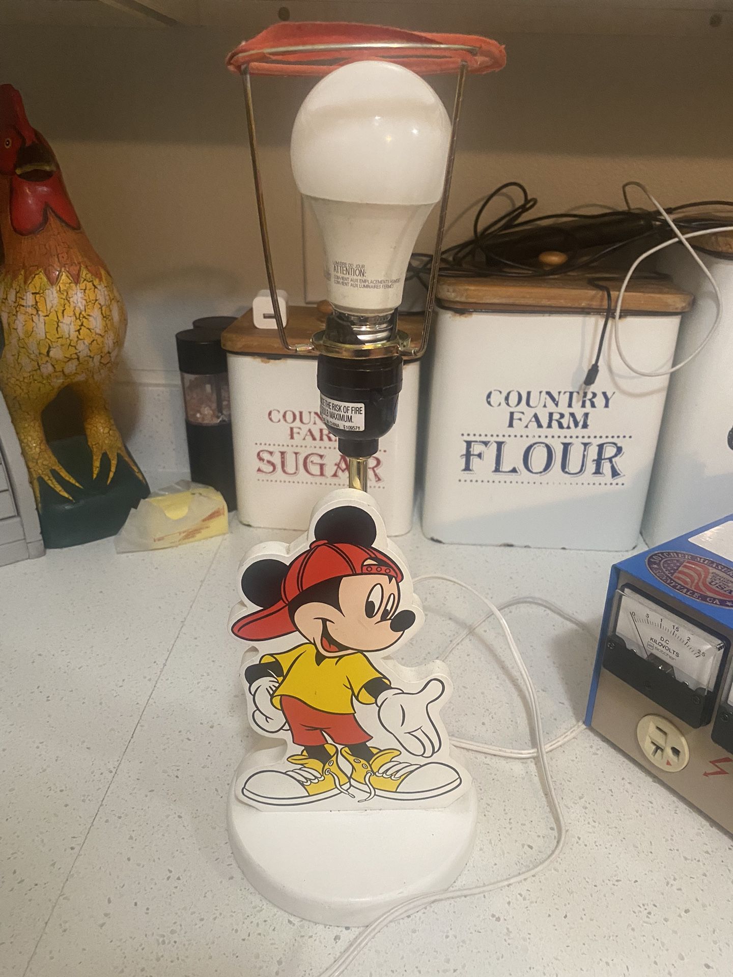 vintage Disney Mickey Mouse Classic White Painted Wooden Table Lamp, likely from the 1980s.