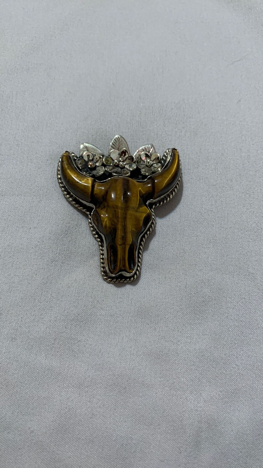 Tibetan Tigers Eye Bull Skull Pendant