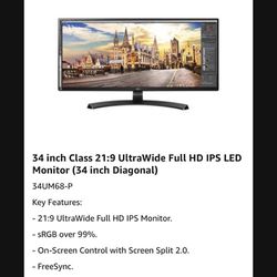 LG Computer Monitor 34” Like New
