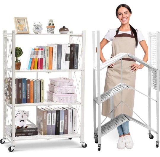 4-Shelf General Purpose Collapsible/Foldable Shelving Unit, Sturdy Storage Rack with Caster Wheels
