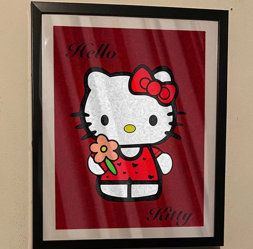 Hello kitty custom art piece on black frame
